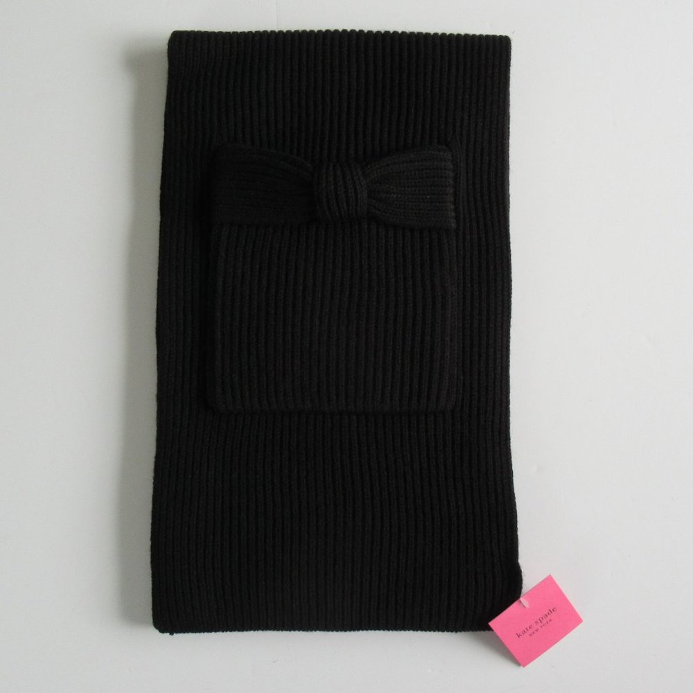 Kate Spade New York Solid Bow Knit Muffler Scarf Black w/Pocket NEW NWT GIFT